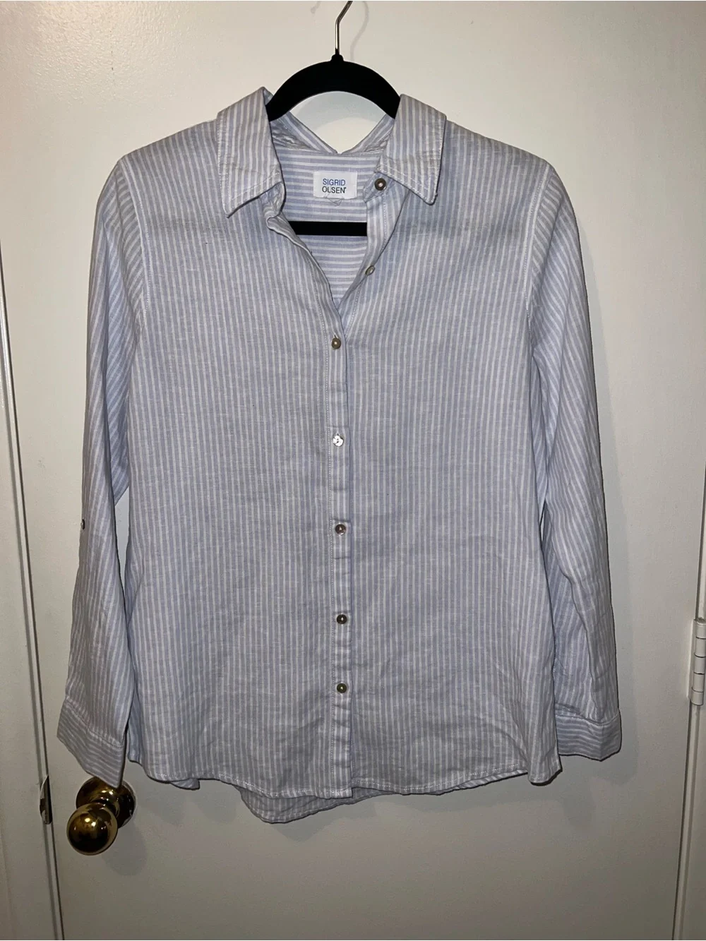 Sigrid Olsen Blue and White Striped Button-Down Shirt